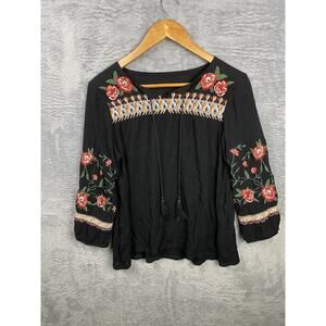 Embroidered Boho Peasant Floral Top Black Small Prairie Flowy Long Sleeve Hippie